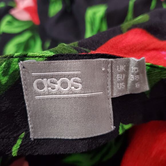 ASOS Ruffle Front Wrap Maxi Cami Dress in Bold Floral Women's Size 6 Black Pink - Picture 8 of 11